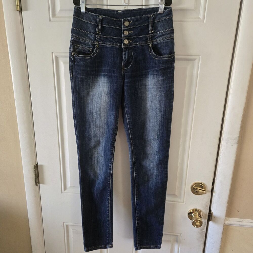 1st KISS Jeans Women’s 7 Ultra High Rise Corset Waist Skinny Blue Denim Y2K VTG